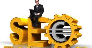 Businessman sitting on SEO tag with gears