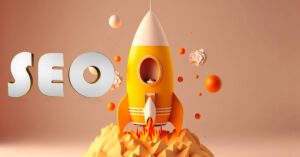 Abstract yellow rocket ship with SEO